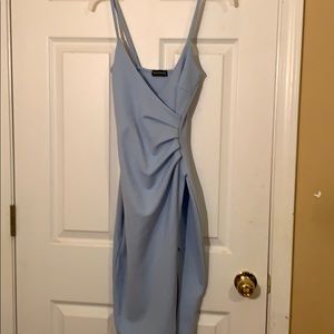 PLT L. Blue Crepe Strap Wrap Front Side Slit Dress